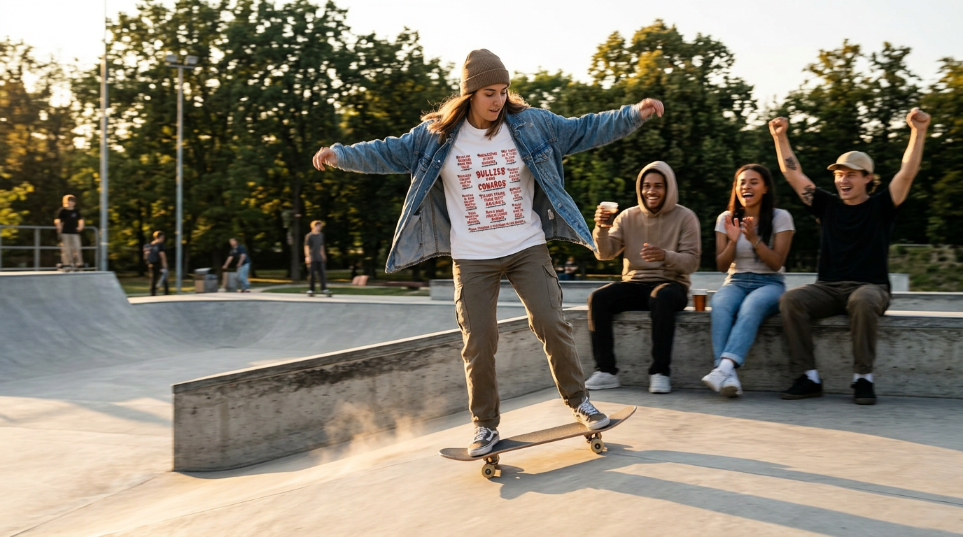 Skateboarder mid-trick while friends watch, wearing the white Bullies Are Cowards t-shirt under an open denim jacket