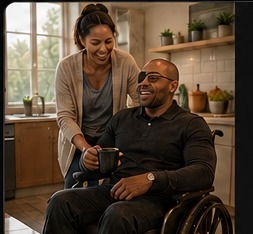 Carer handing a hot drink to a wheelchair user in a kitchen