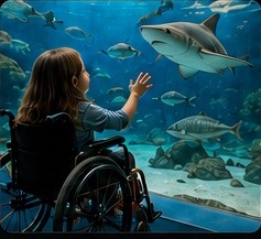 Wheelchair user watching sharks at an aquarium