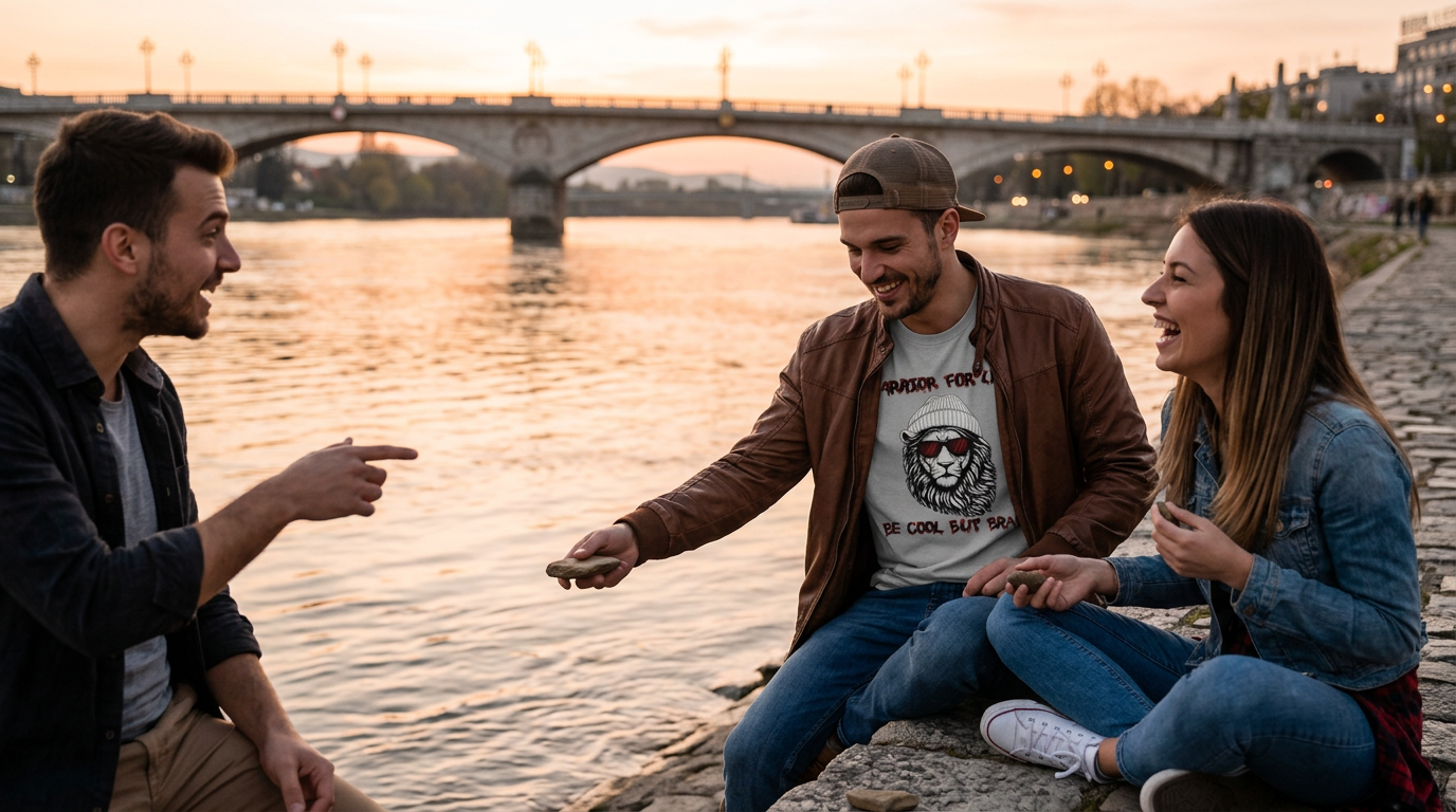 Friends sitting and talking on a riverside wall at sunset, one wearing the grey Warrior For Life lion t-shirt