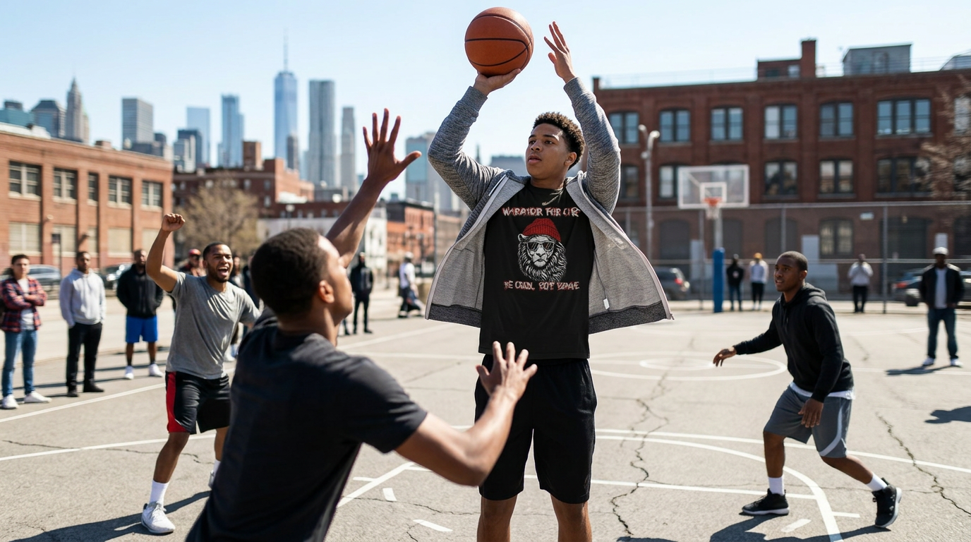 Friends playing basketball on an outdoor court, the shooter wearing the black Warrior For Life lion t-shirt