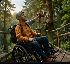 Man on a forest walkway reaching out to the trees