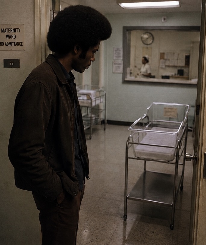 Chris's father standing outside the maternity ward in the 1970s