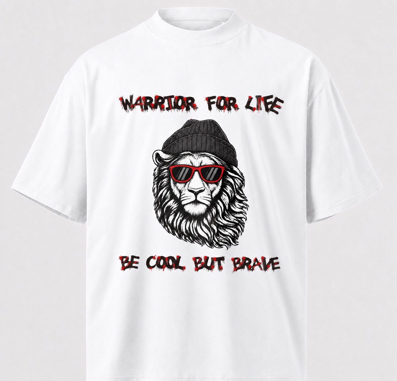 White organic t-shirt with Warrior For Life lion print