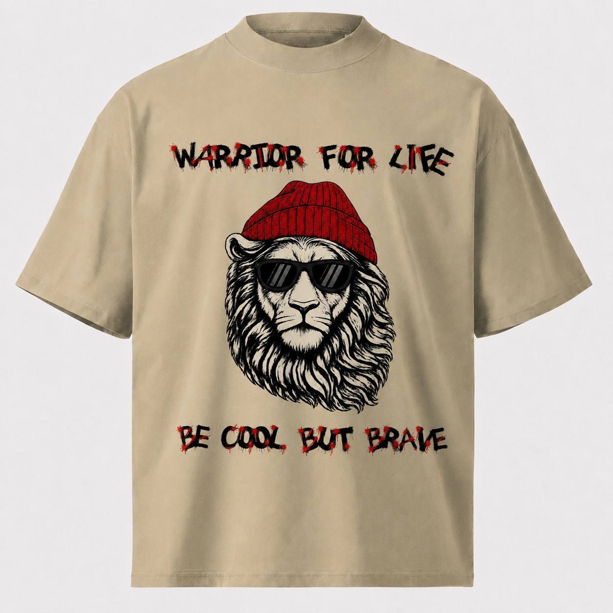 Beige organic t-shirt with Warrior For Life lion print