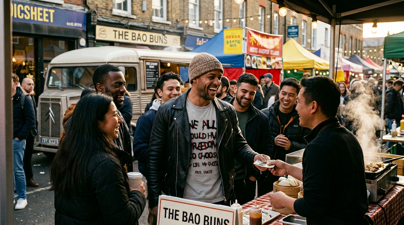 Man buying food at a busy street market wearing the grey We All Should Have Freedom To Choose t-shirt under an open leather jacket