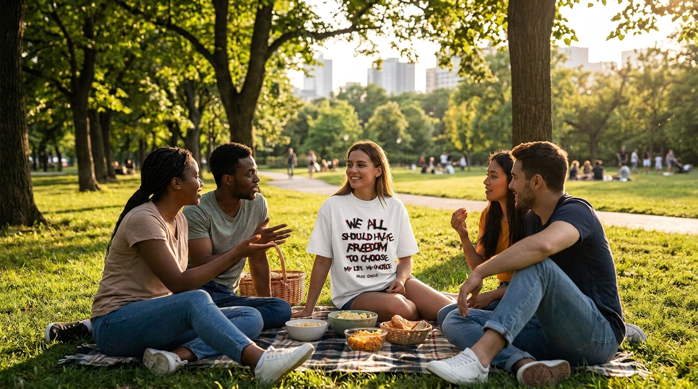 Friends sitting together on the grass in a park, one wearing the white We All Should Have Freedom To Choose t-shirt