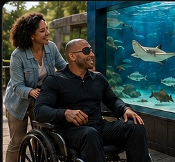 Carer and wheelchair user enjoying an aquarium visit