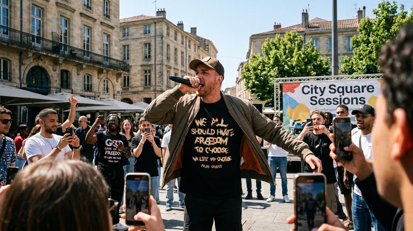 Rapper performing to a small outdoor crowd wearing the black We All Should Have Freedom To Choose t-shirt under an open bomber jacket