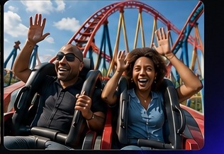 Two people laughing on a rollercoaster ride