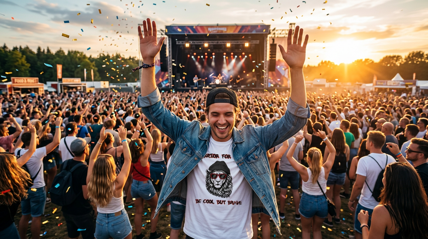 Man dancing in the crowd at an outdoor festival wearing the white Warrior For Life lion t-shirt under an open denim jacket