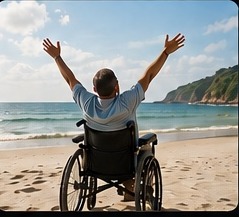 Wheelchair user with arms raised on a beach