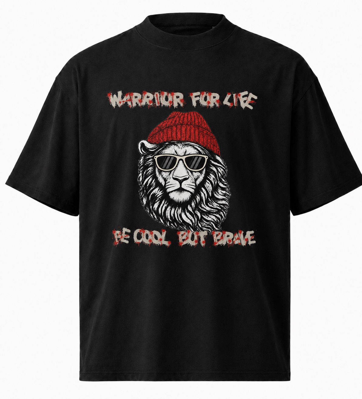 Black organic t-shirt with Warrior For Life lion print
