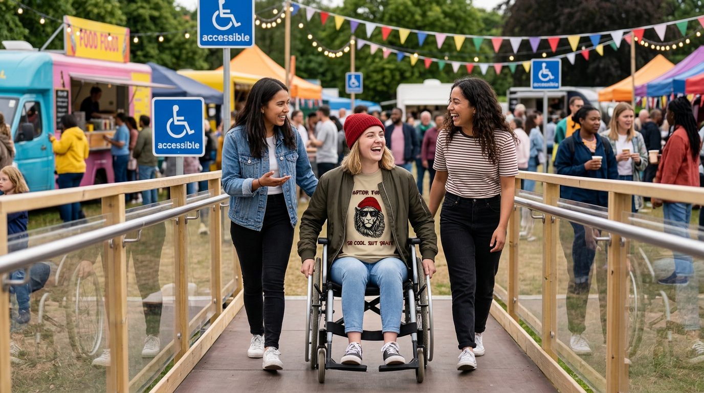 Wheelchair user laughing with friends at an accessible outdoor event, wearing the beige Warrior For Life lion t-shirt