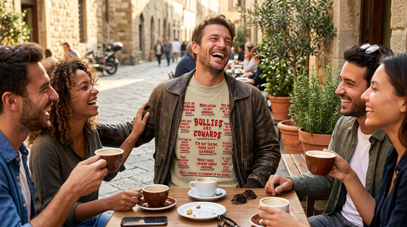 Friends laughing together at an outdoor cafe, one wearing the beige Bullies Are Cowards t-shirt
